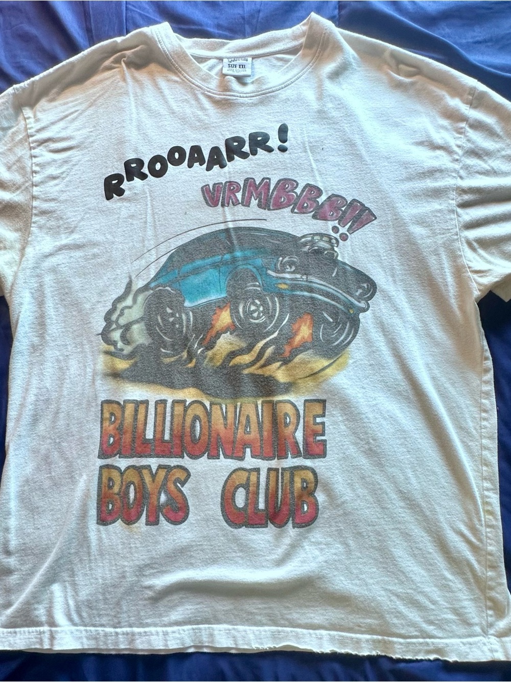 Billionaire Boys Club White Tee with Blue Car Graphic and Multicolor Lettering
